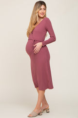 Mauve Rib Knit Long Sleeve Maternity Wrap Midi Dress