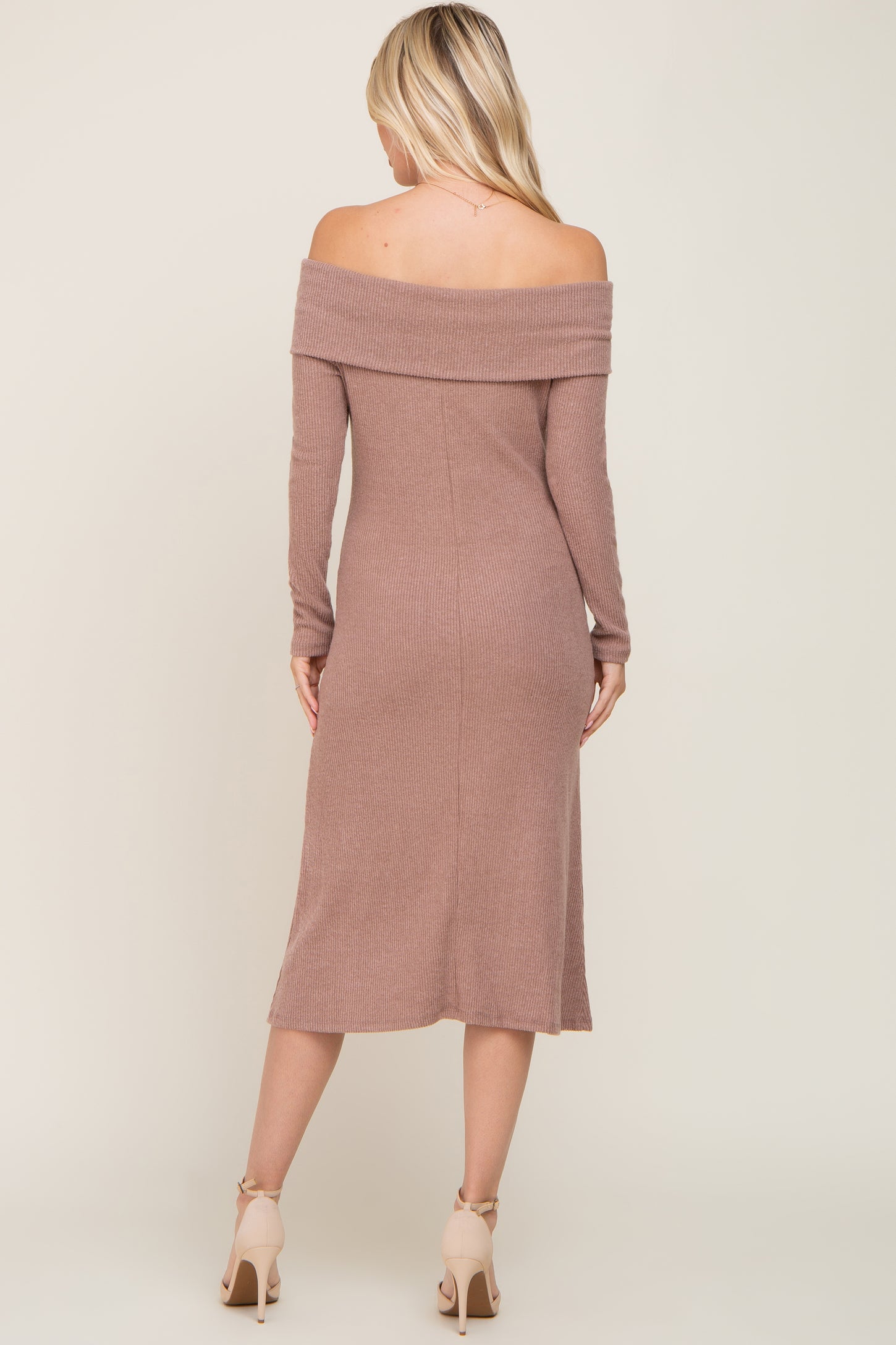 Mocha Ribbed Knit Foldover Off Shoulder Midi Dress Mocha Ribbed Knit Foldover Off Shoulder Midi Dress