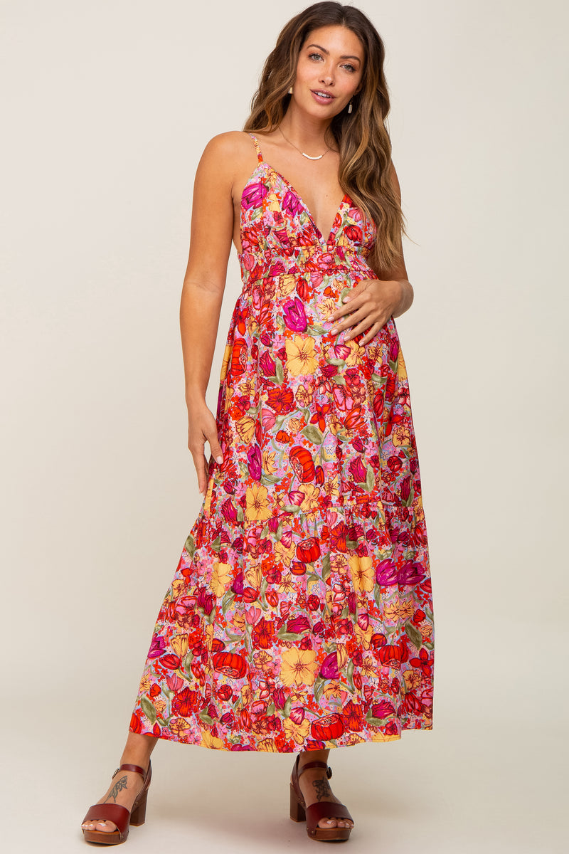 Red Floral Open Back Maternity Maxi Dress– PinkBlush