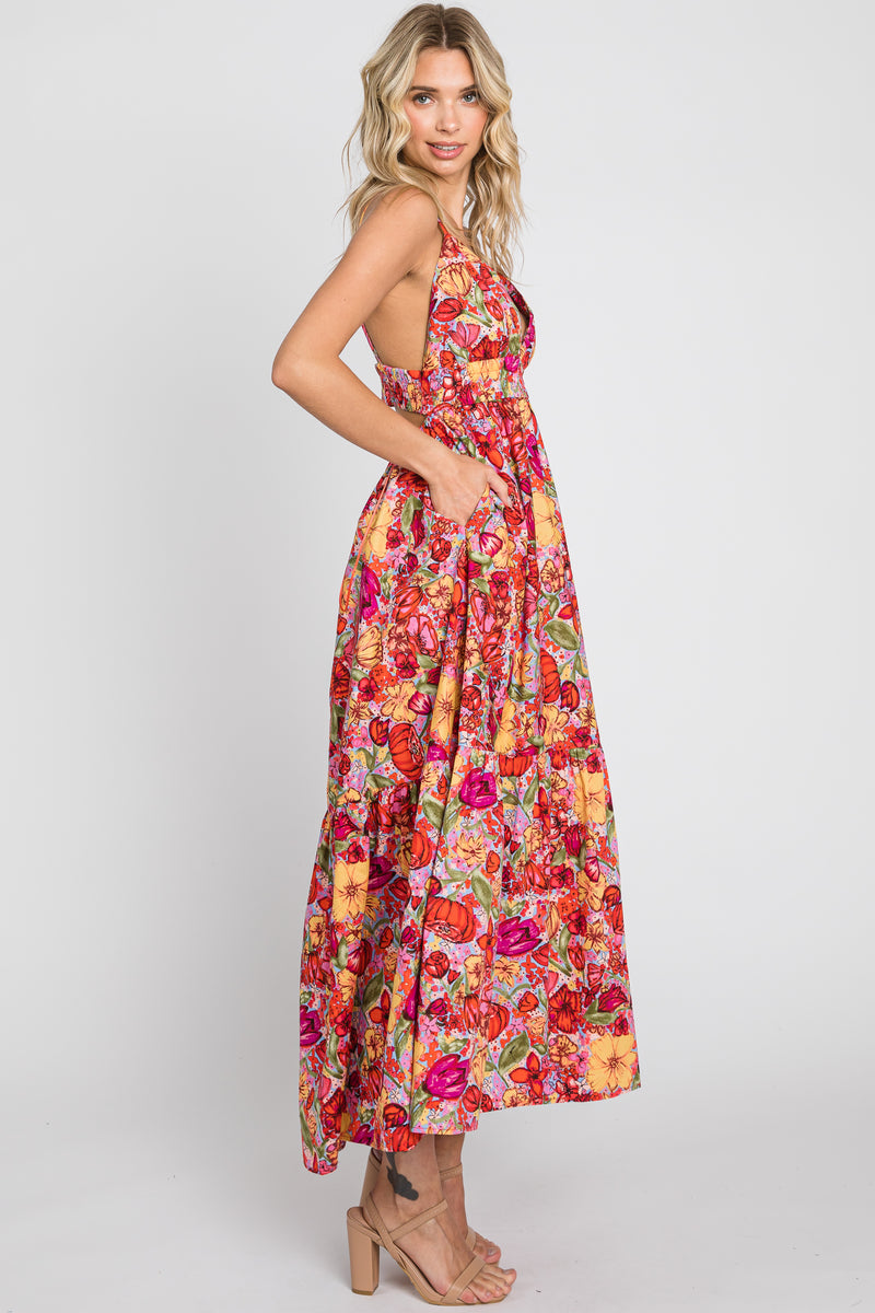 Red Floral Open Back Maxi Dress – PinkBlush