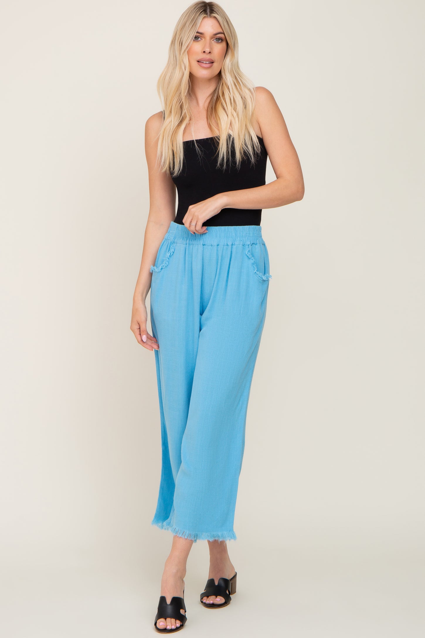 Aqua Blue Linen Frayed Hem Crop Pants– PinkBlush
