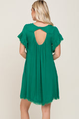 Green Frayed Trim Back Keyhole Linen Dress