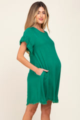Green Frayed Trim Back Keyhole Linen Maternity Dress