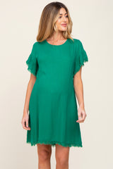Green Frayed Trim Back Keyhole Linen Maternity Dress