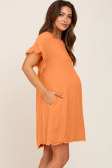 Orange Frayed Trim Back Keyhole Linen Maternity Dress