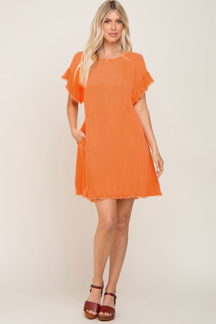 Orange Frayed Trim Back Keyhole Linen Maternity Dress