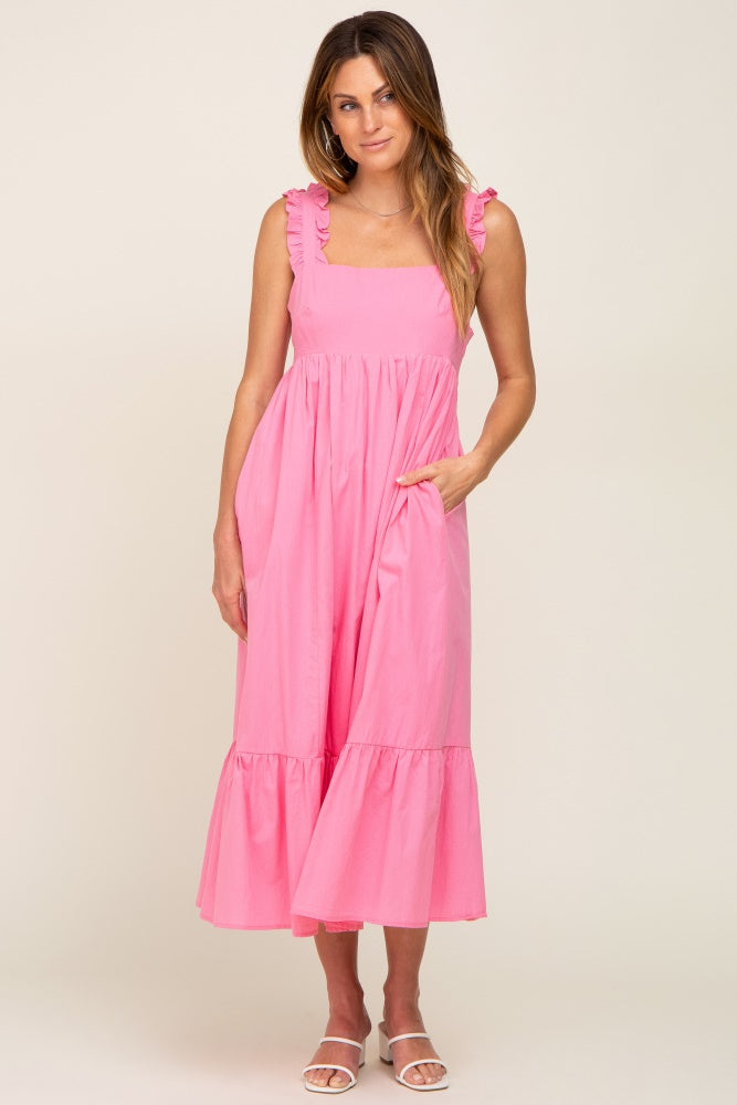 pink dress with ruffles at the bottom Stripe Cotton Ruffle Maxi - All Dresses This stunning maxi dress features delicate frill detailing and a feminine sweetheart neckline Ruffle cotton and silk maxi