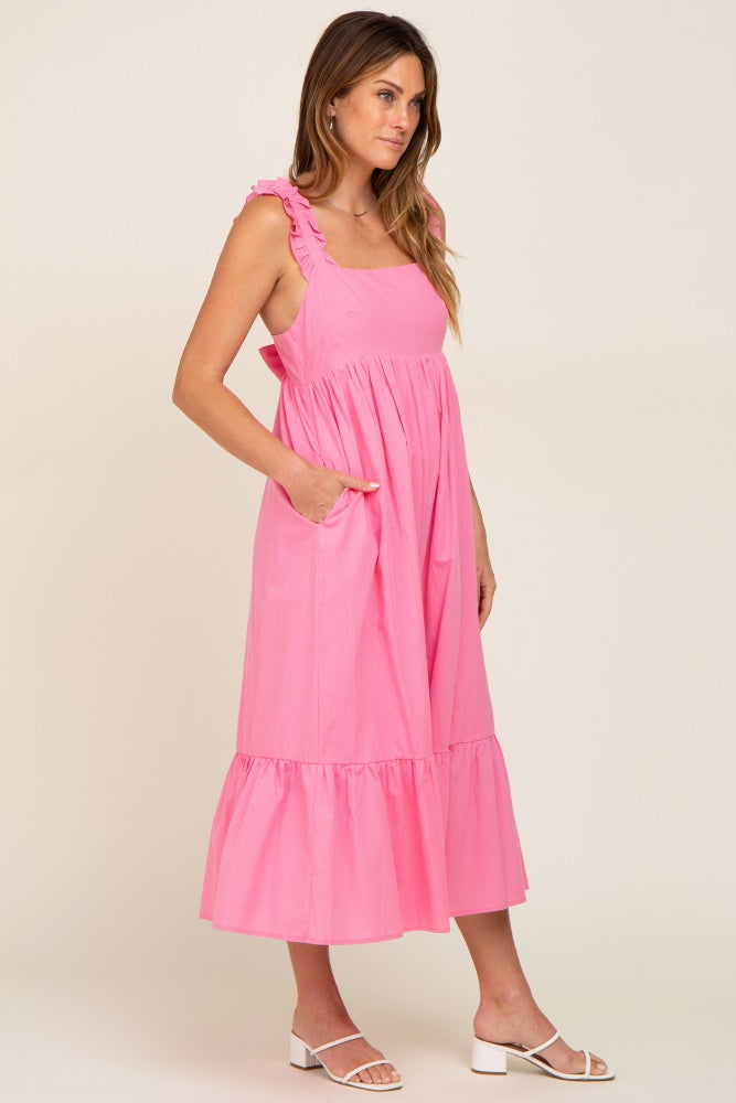 Pink Ruffle Accent Back Tie Midi Dress Small