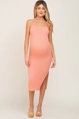 Peach Ribbed Knit Side Slit Maternity Midi Dress