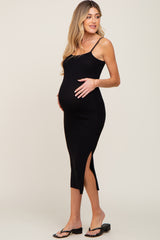 Black Ribbed Knit Side Slit Maternity Midi Dress