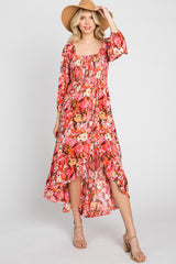 Coral Multi-Color Floral Smocked Maternity Hi-Lo Dress