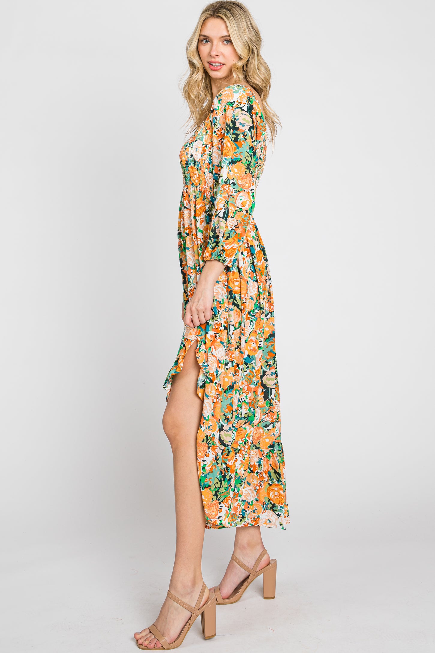 Green Multi-Color Floral Smocked Hi-Lo Dress