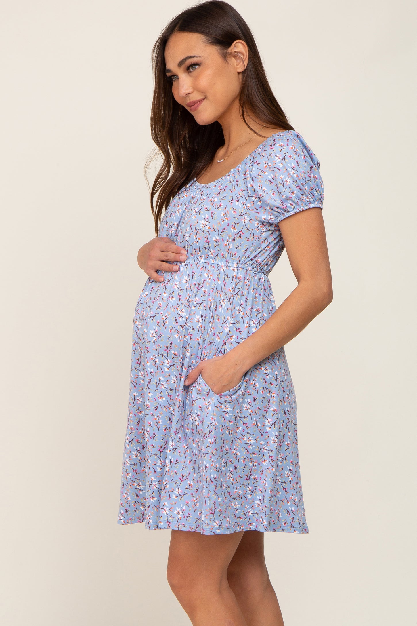 Blue Floral Short Sleeve Maternity Dress– PinkBlush