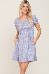 Blue Floral Short Sleeve Maternity Dress