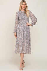 Grey Floral Smocked Long Sleeve Maternity Maxi Dress