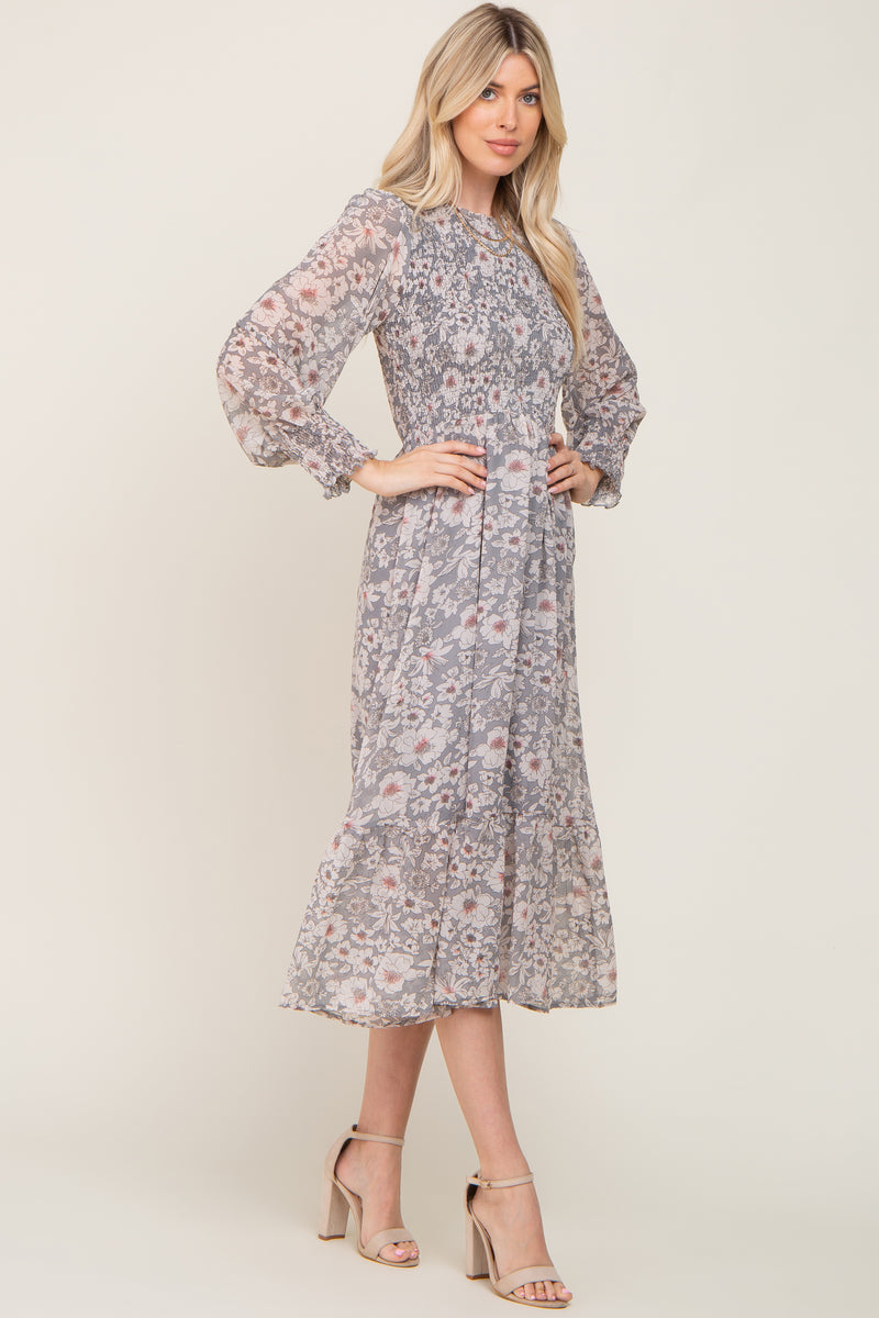 Grey Floral Smocked Long Sleeve Maxi Dress – PinkBlush