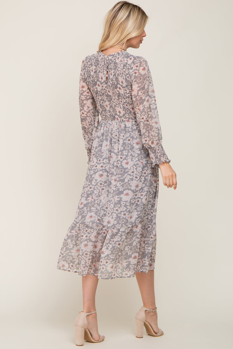 Grey Floral Smocked Long Sleeve Maxi Dress – PinkBlush
