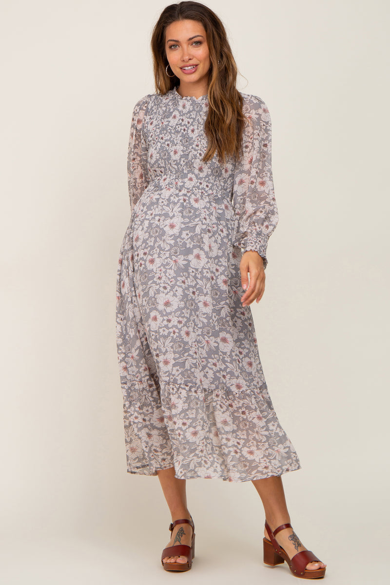 Grey Floral Smocked Long Sleeve Maternity Maxi Dress– PinkBlush