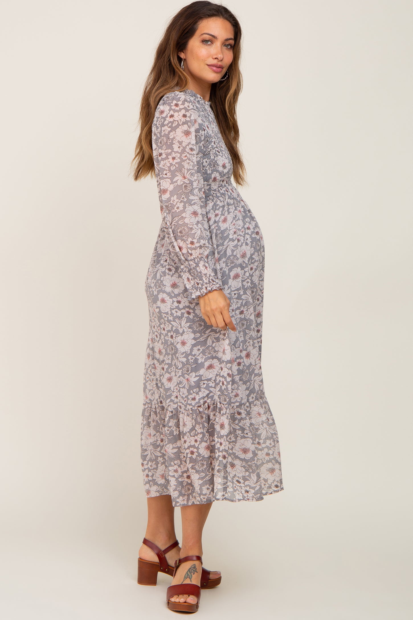Grey Floral Smocked Long Sleeve Maternity Maxi Dress PinkBlush Grey Floral Smocked Long Sleeve Maternity Maxi Dress PinkBlush