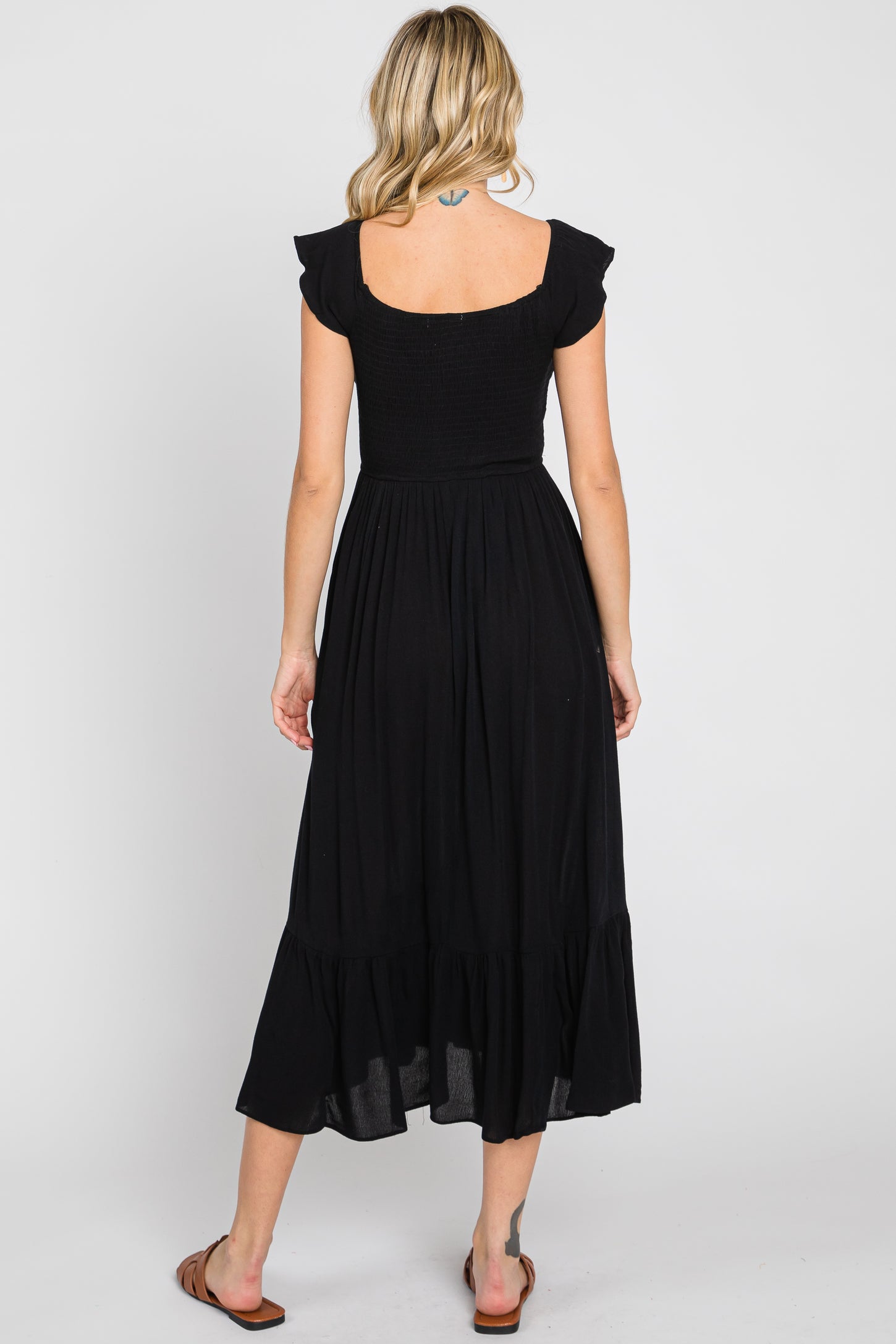 Black Smocked Ruched Ruffle Hem Maxi Dress – PinkBlush