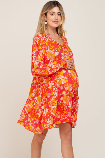 Coral Floral Button Front Ruffle Accent Maternity Dress
