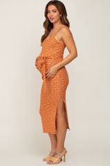 Rust Ribbed Floral Back Tie Maternity Midi Dress
