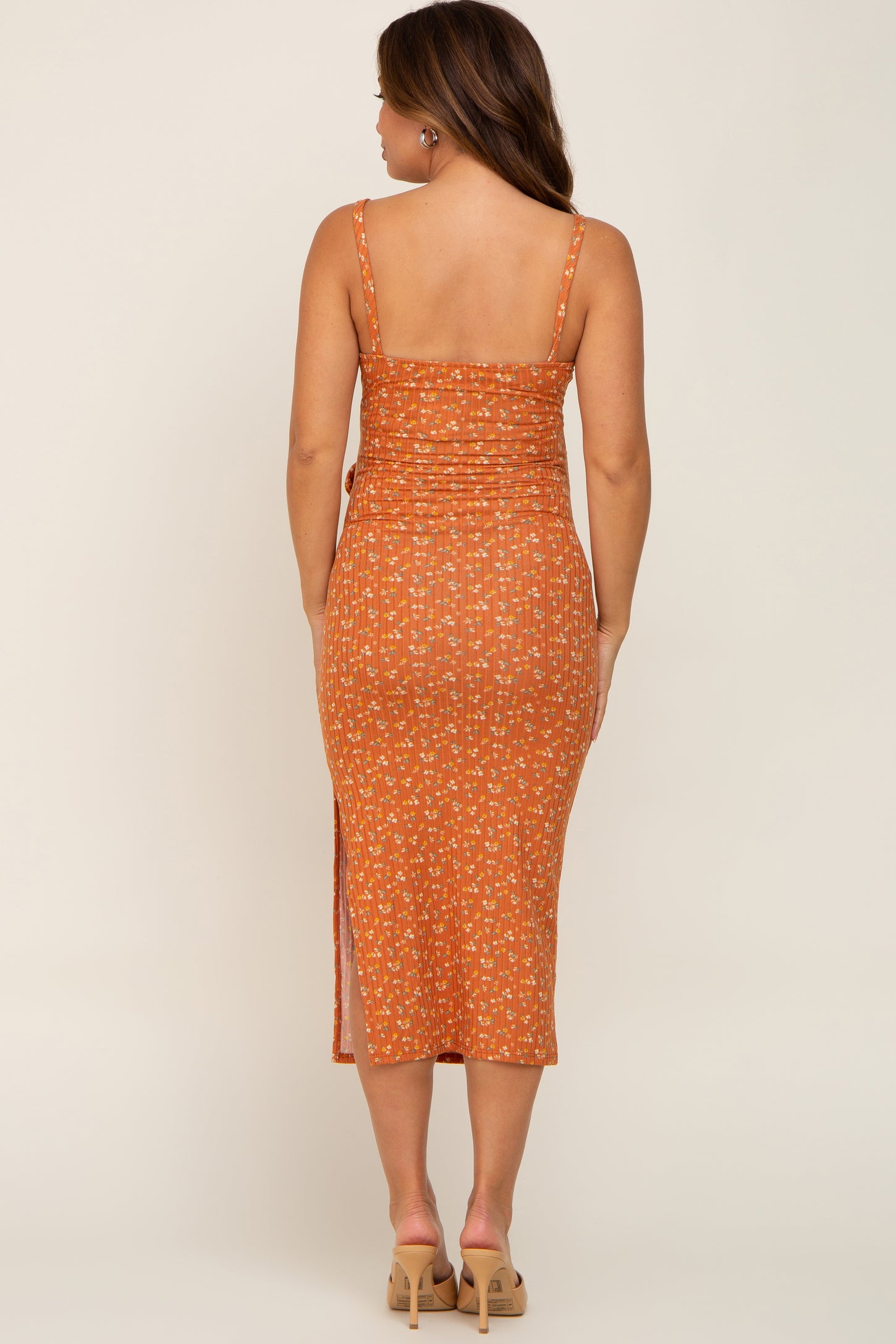 Rust Ribbed Floral Back Tie Maternity Midi Dress