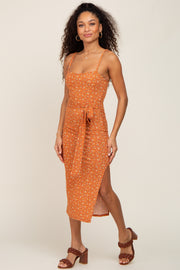 Rust Ribbed Floral Back Tie Midi Dress