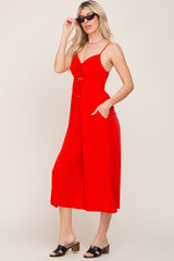 Red Sleeveless Ruched Drawstring Jumpsuit