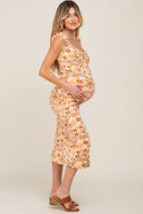 Peach Floral Fitted Maternity Midi Dress