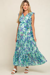 Blue Floral Ruffle Accent Waist Tie Maternity Maxi Dress