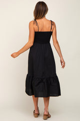 Black Smocked Shoulder Tie Midi Dress