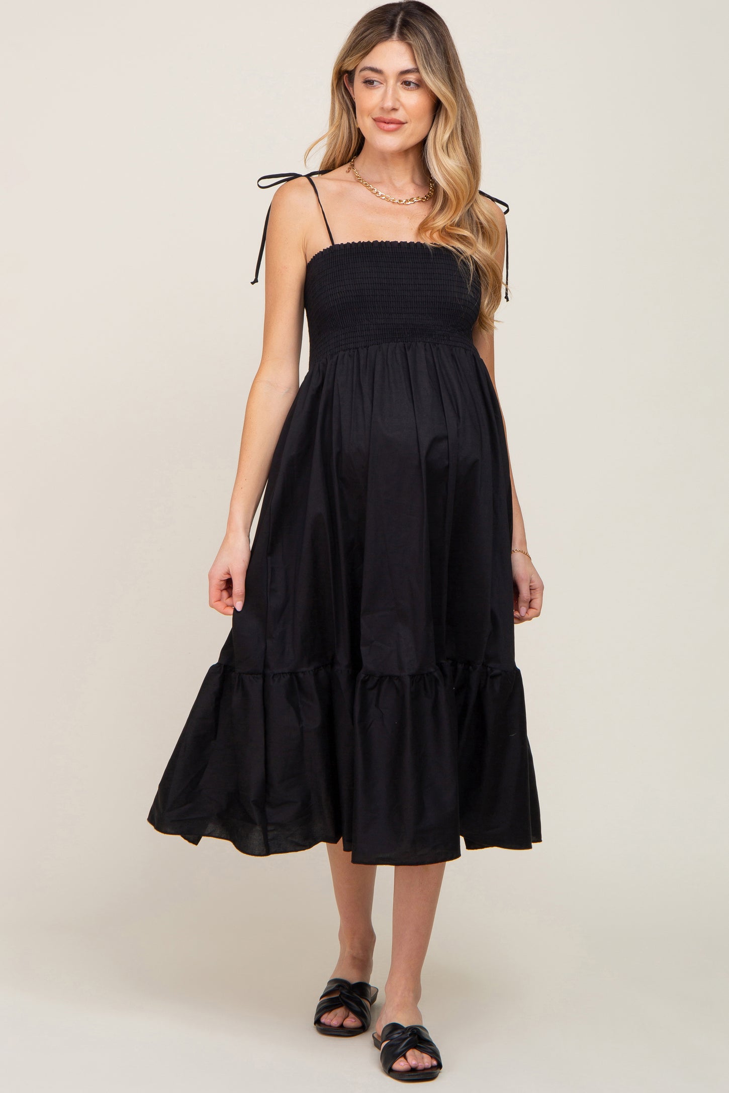 Black Smocked Shoulder Tie Maternity Midi Dress