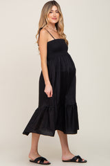 Black Smocked Shoulder Tie Maternity Midi Dress