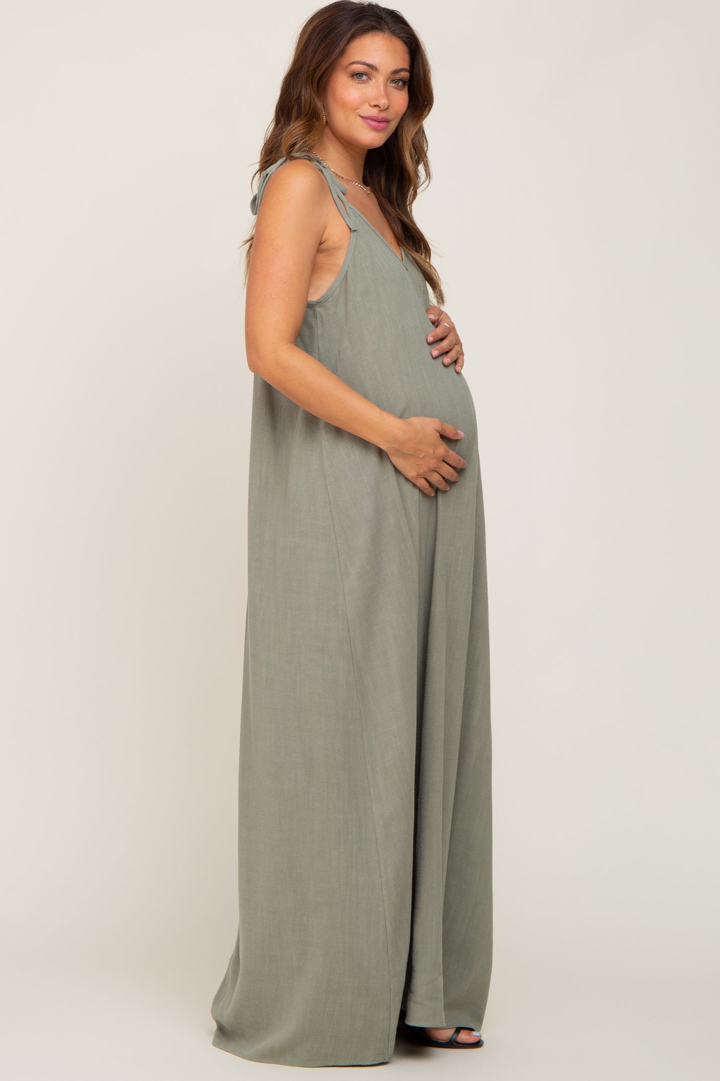 linen maternity maxi dress boohoo Women's Maternity Linen Puff Sleeve Bardot Maxi Dress in Pistachio | Size: 12