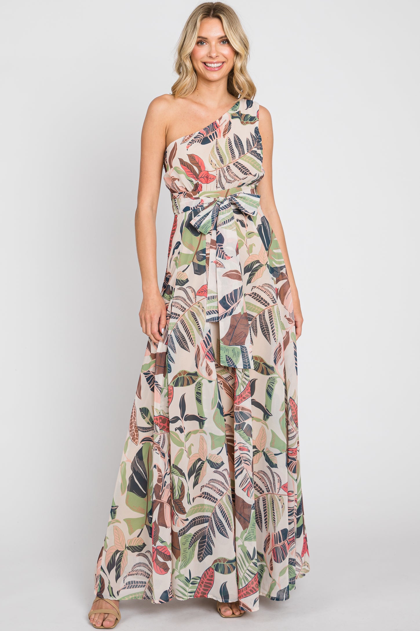 Taupe Leaf Print Chiffon One Shoulder A-Line Waist Tie Maxi Dress PinkBlush Taupe Leaf Print Chiffon One Shoulder A-Line Waist Tie Maxi Dress PinkBlush