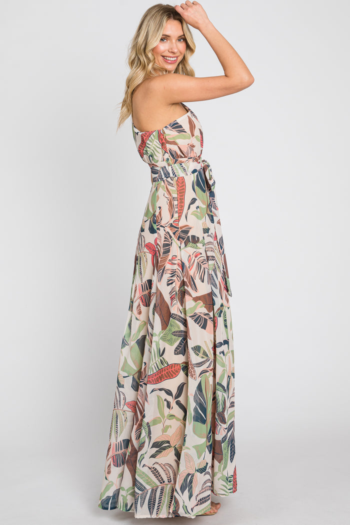 Taupe Leaf Print Chiffon One Shoulder A-Line Waist Tie Maxi Dress