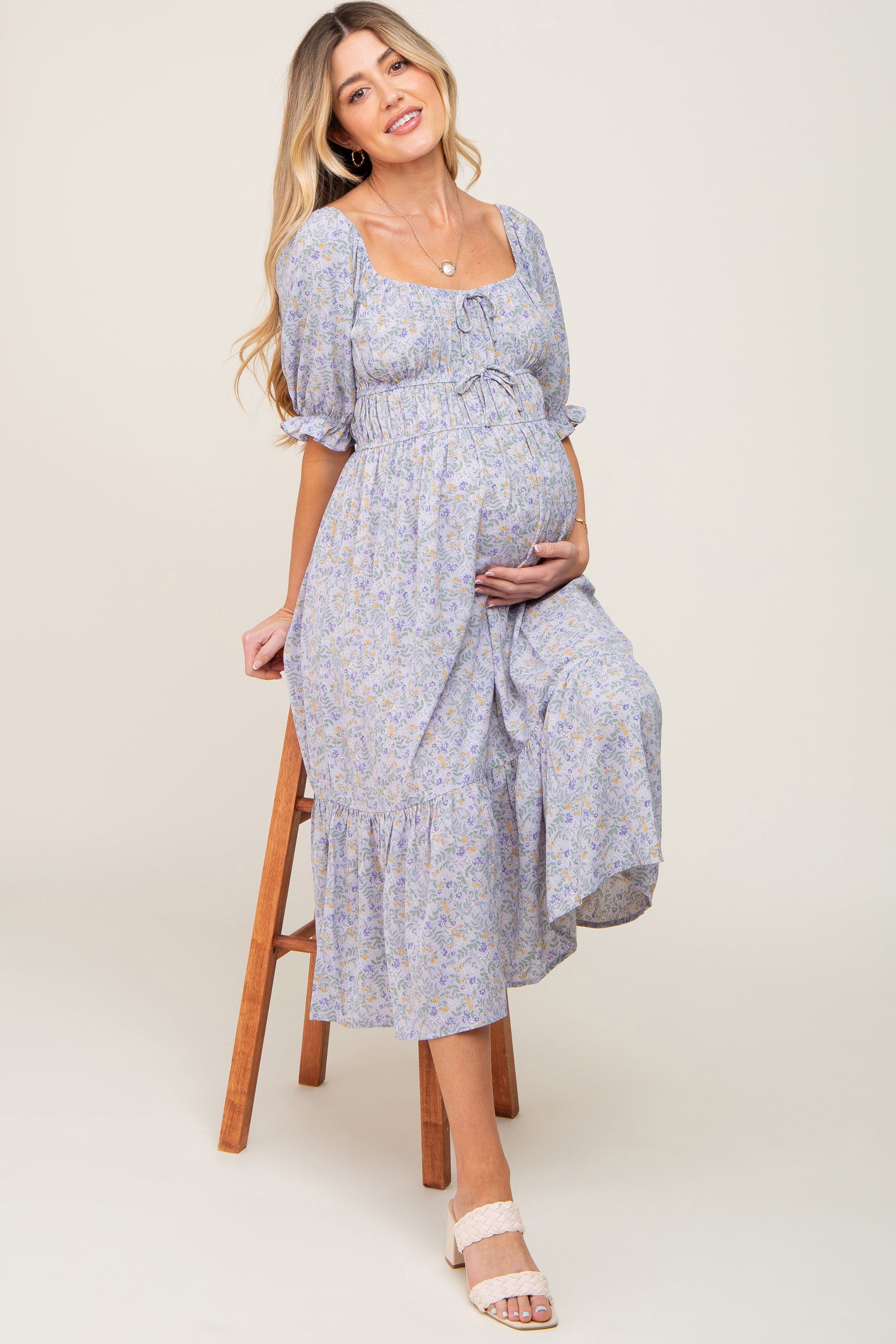 Periwinkle Floral Square Neck Front Tie Maternity Midi Dress