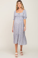 Periwinkle Floral Square Neck Front Tie Maternity Midi Dress