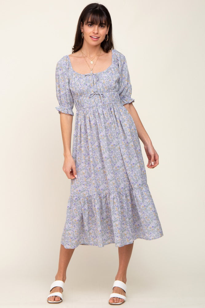 Periwinkle Floral Square Neck Front Tie Maternity Midi Dress Small
