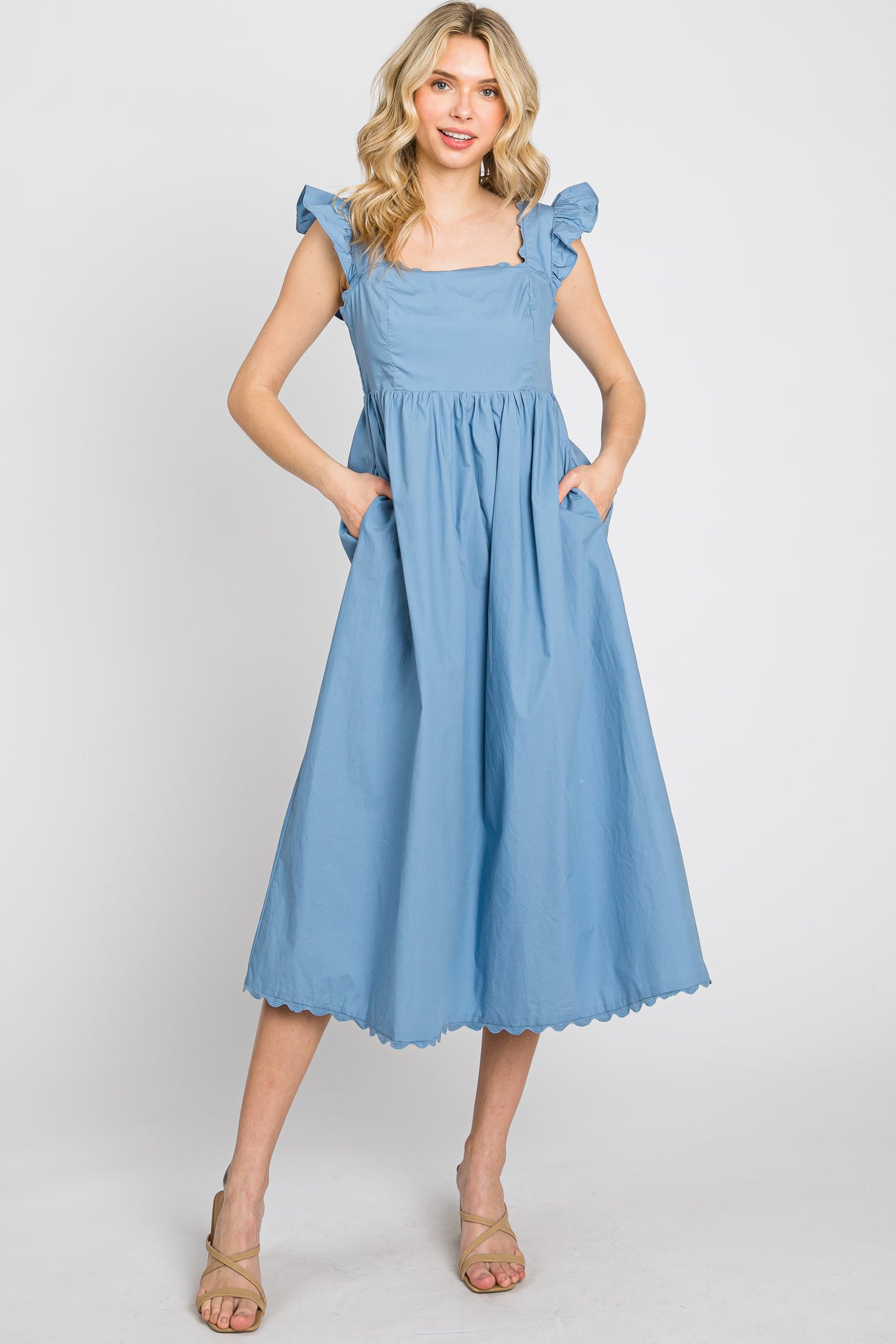Blue Scallop Flutter Sleeve Midi Dress– PinkBlush