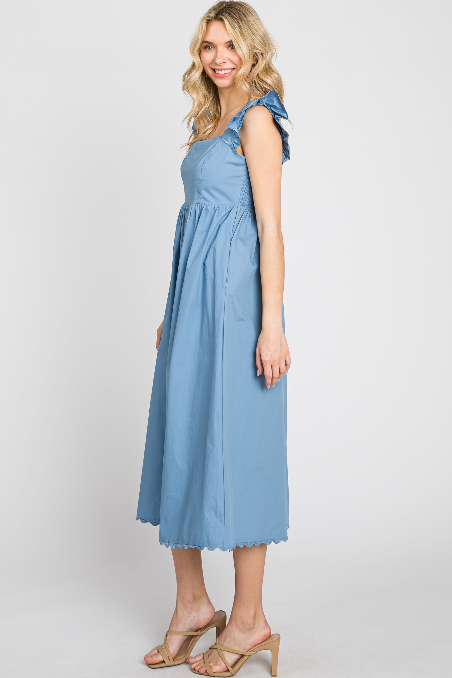 Blue Scallop Flutter Sleeve Midi Dress– PinkBlush