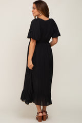 Black Smocked Puff Sleeve Maternity Midi Dress