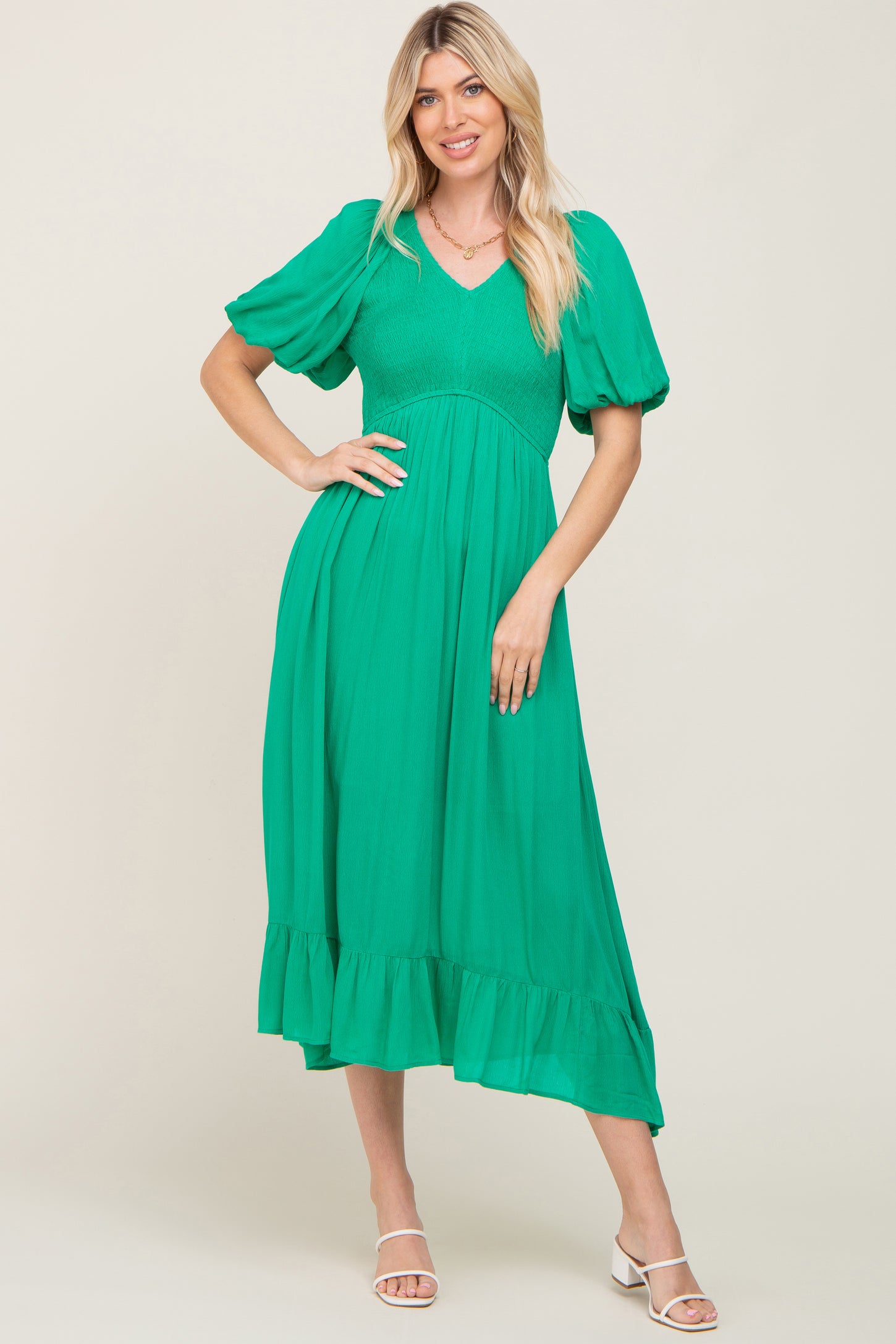 Green Smocked Puff Sleeve Midi Dress PinkBlush Green Smocked Puff Sleeve Midi Dress PinkBlush