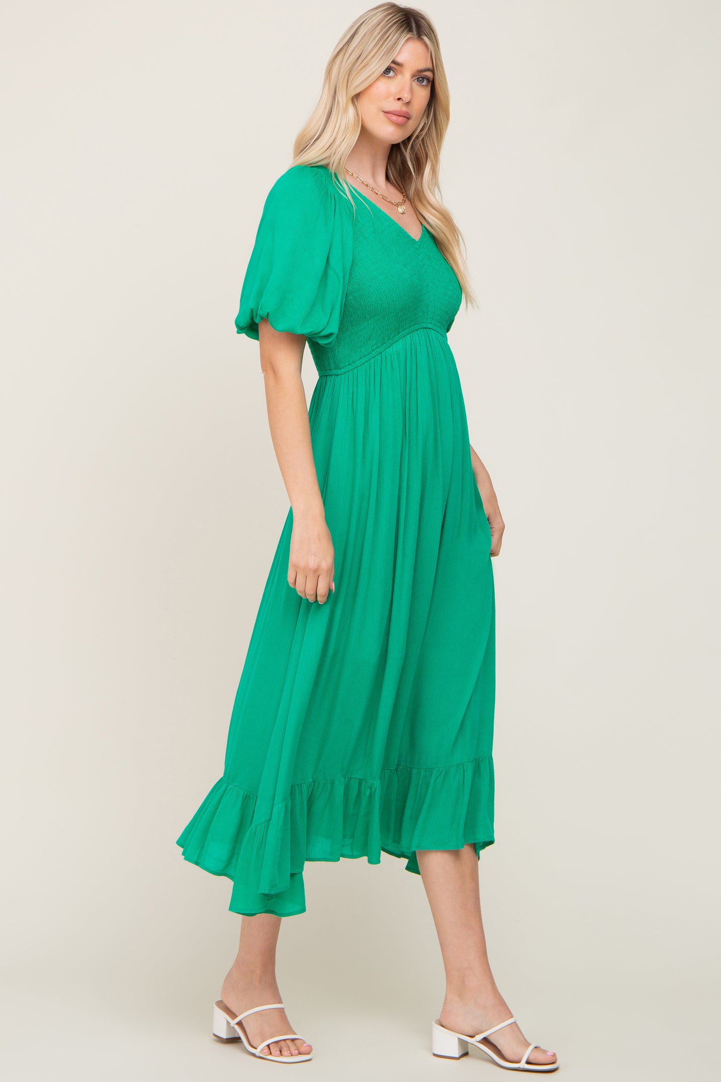 green midi dress puff sleeve Green Puff Sleeve Quinn Midi Dress
