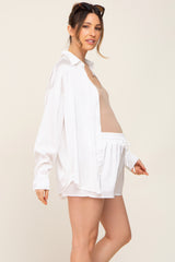 Ivory Button Up and Short Satin Maternity Set