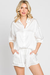 Ivory Button Up and Short Satin Maternity Set