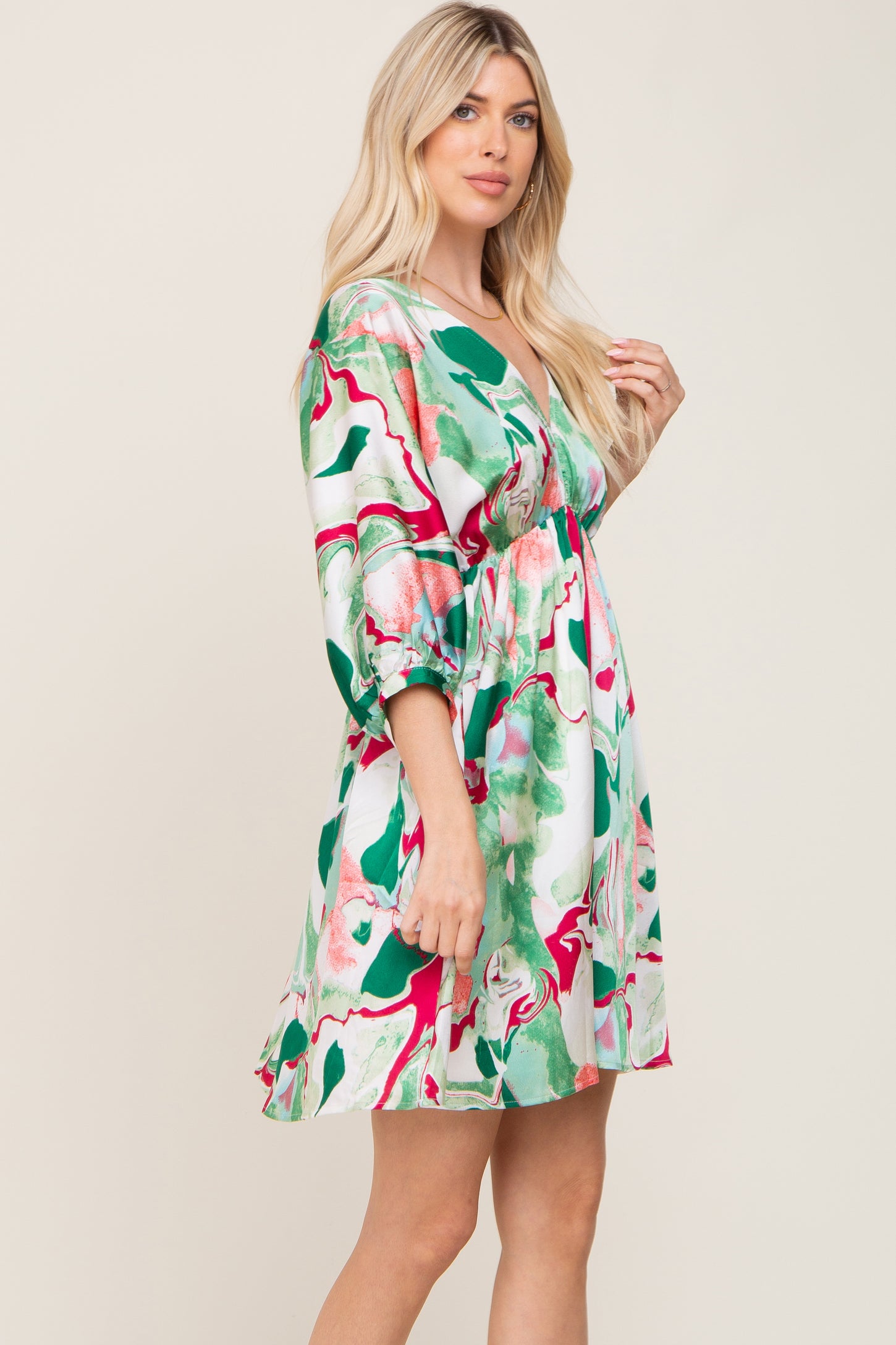 Green Swirl Print Satin Babydoll Dress PinkBlush Green Swirl Print Satin Babydoll Dress PinkBlush