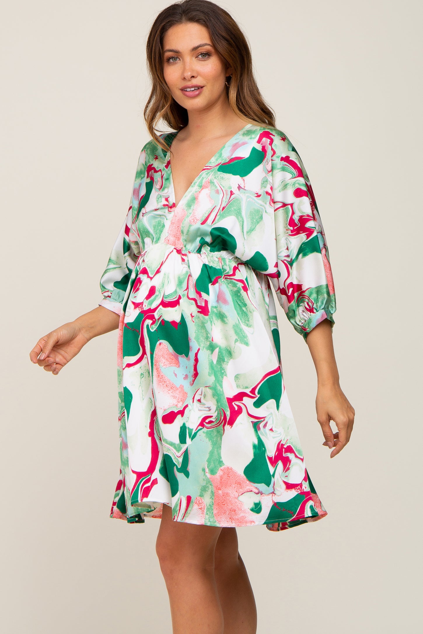 Green Swirl Print Satin Babydoll Maternity Dress PinkBlush Green Swirl Print Satin Babydoll Maternity Dress PinkBlush