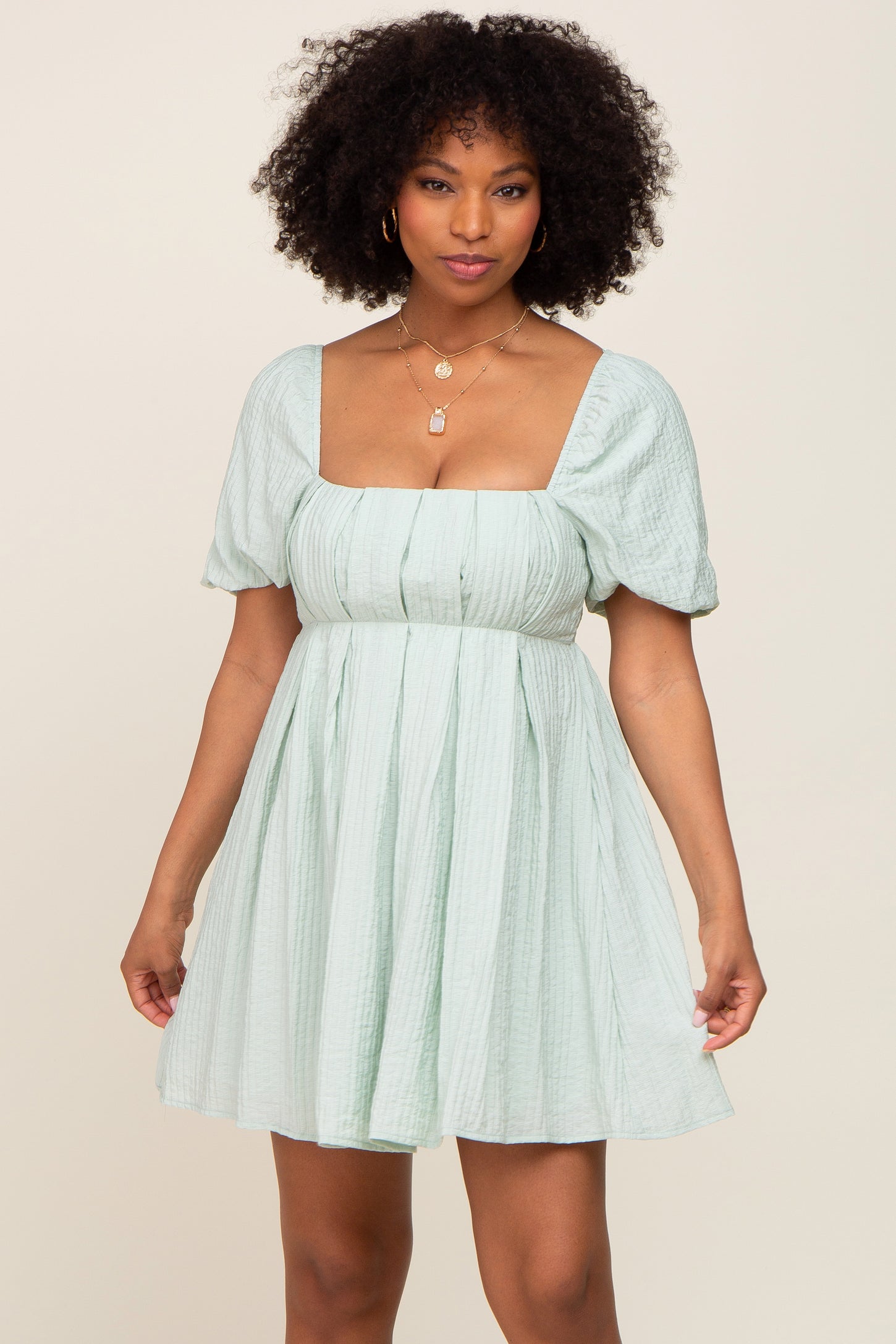 Sage Striped Pleated Puff Sleeve Mini Dress PinkBlush Sage Striped Pleated Puff Sleeve Mini Dress PinkBlush